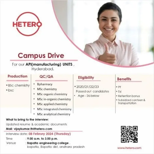 HETERO - Campus Drive for Freshers in QA, QC, Production on 8th Feb 2024